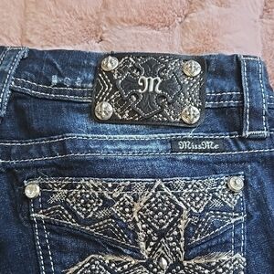Miss Me Blue Jeans with Decorative Stitching and Leather Patch